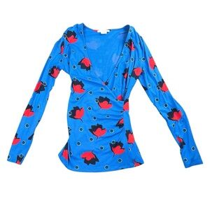 Boden Women’s Blue Floral Faux Wrap Long Sleeve Blouse In Size 8R